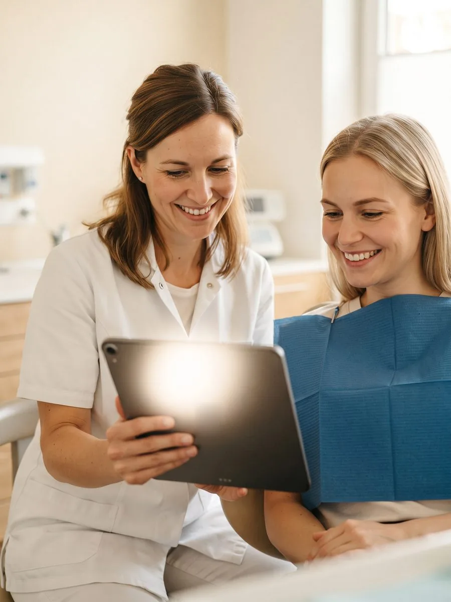 Zahnärztin zeigt einer Patientin die digitale Planung auf einem Tablet