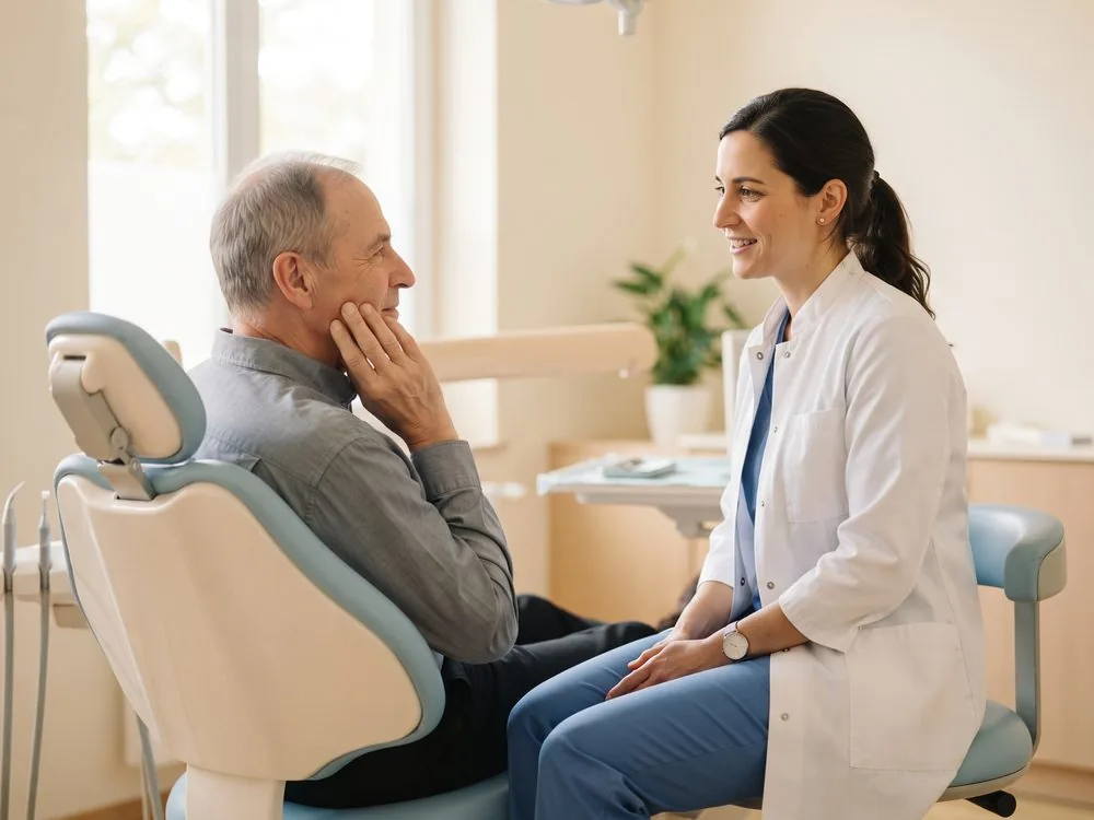 Zahnärztin im Gespräch mit einem Patienten